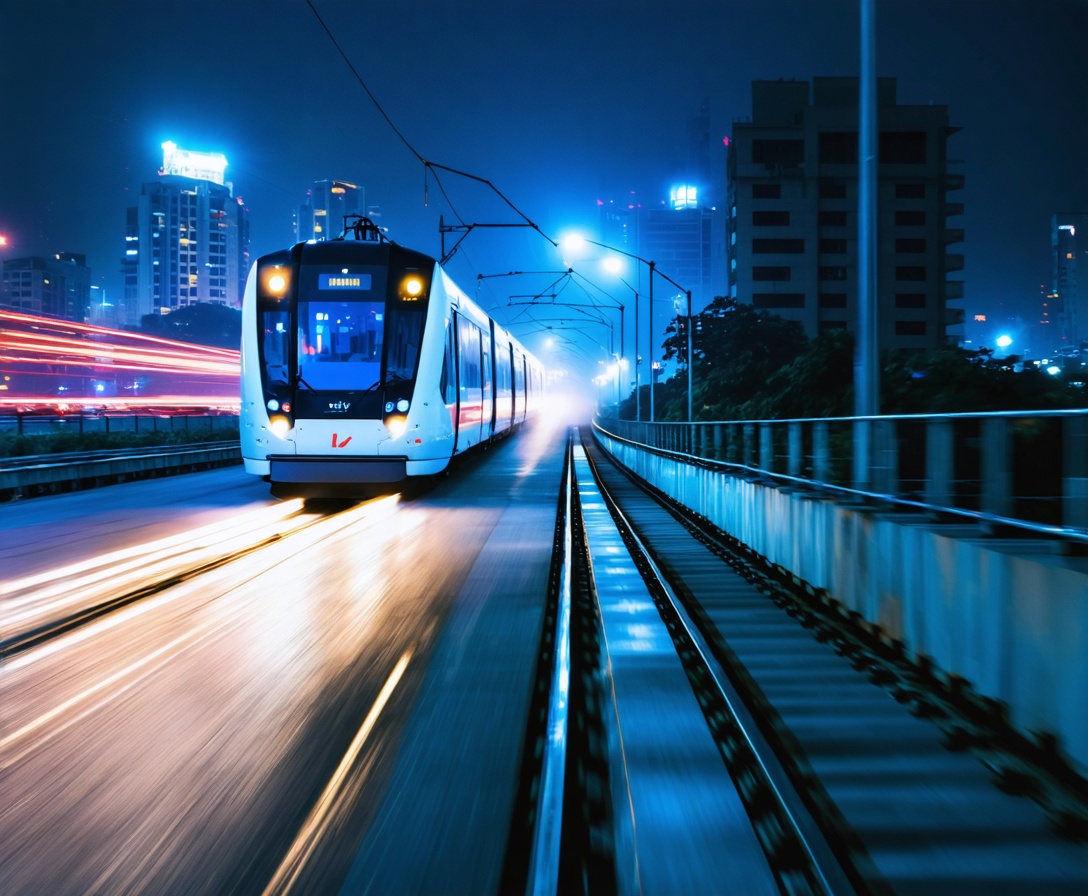 Futuristic electric train in a modern Indian city
