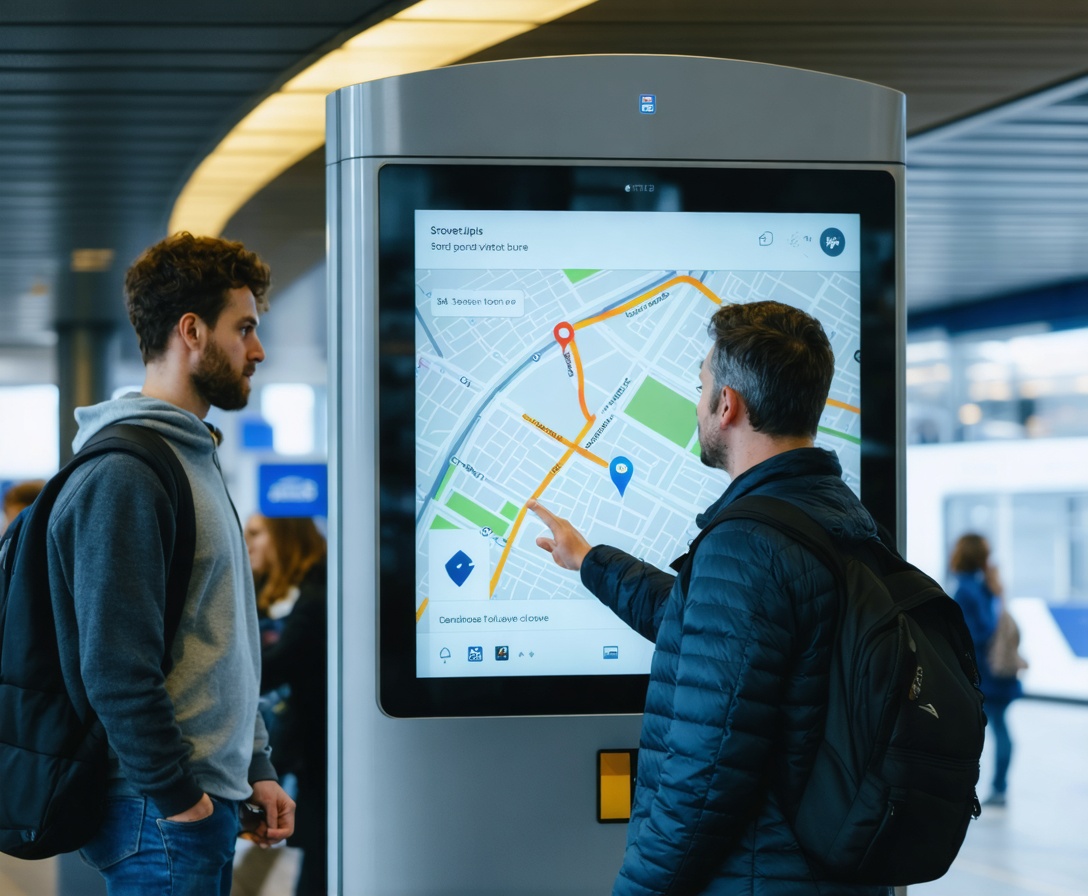 Commuters using digital kiosk at bus station