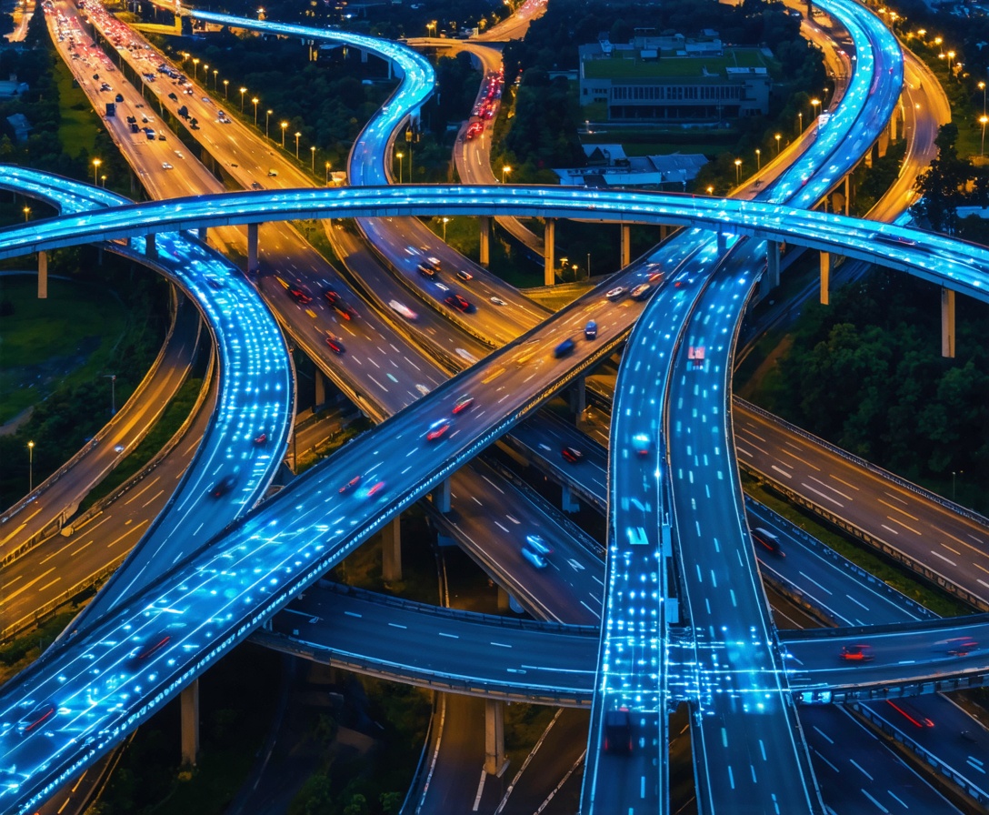 Aerial view of smart city highway interchange